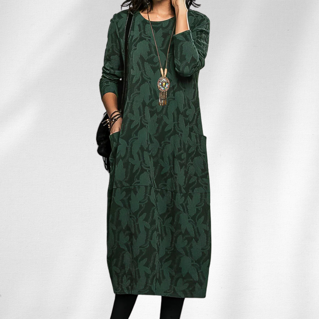 Women's Knitted Midi Dress with Pockets and Long Sleeves