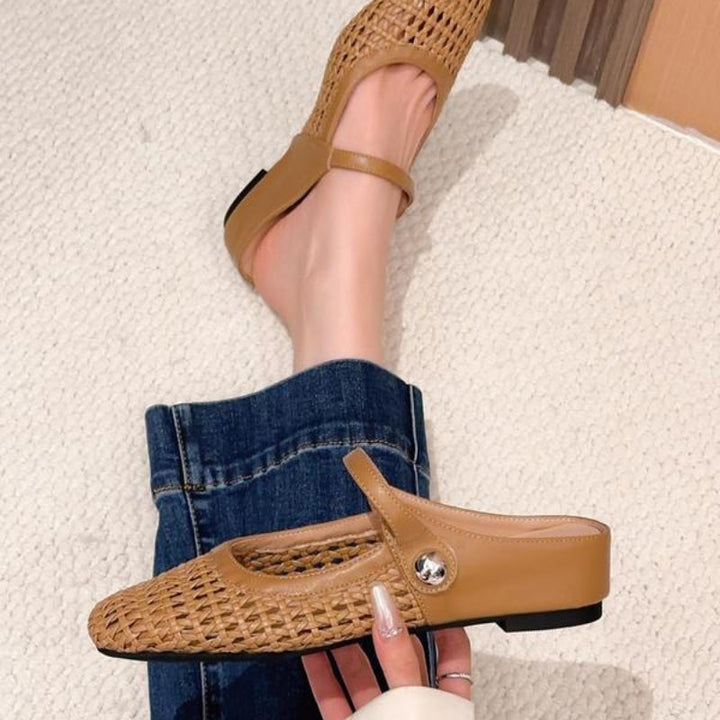 Ladies Mary Jane Mules Woven Metallic with Ankle Strap