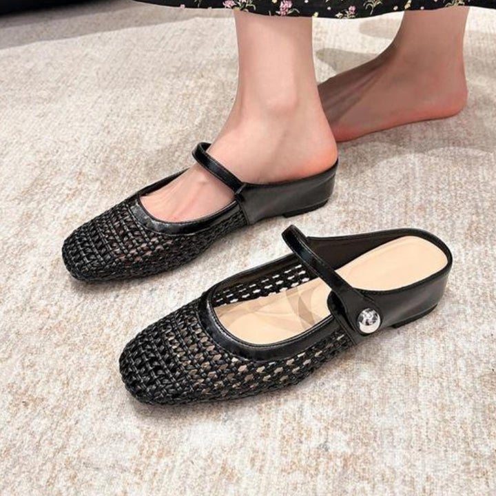Ladies Mary Jane Mules Woven Metallic with Ankle Strap