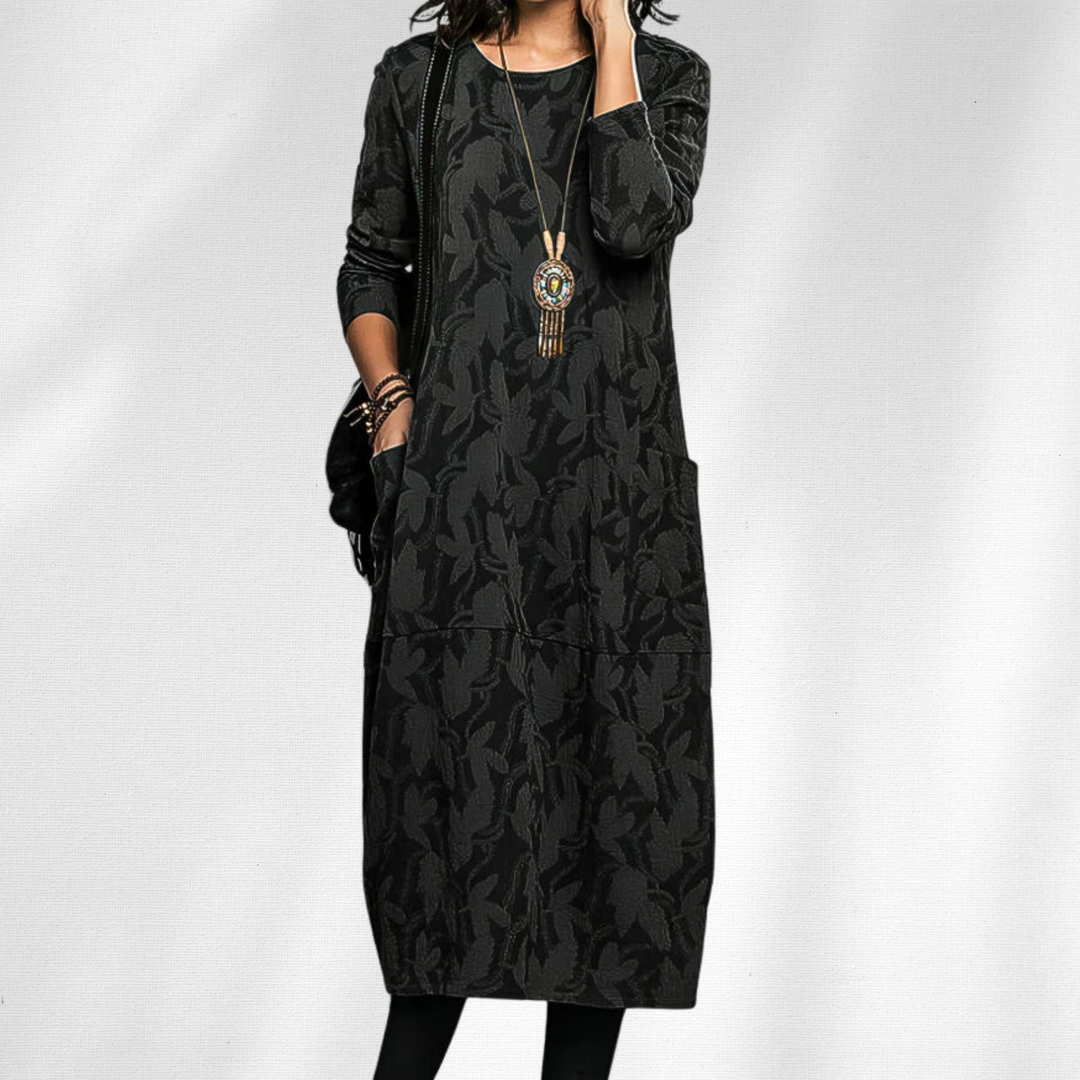Women's Knitted Midi Dress with Pockets and Long Sleeves