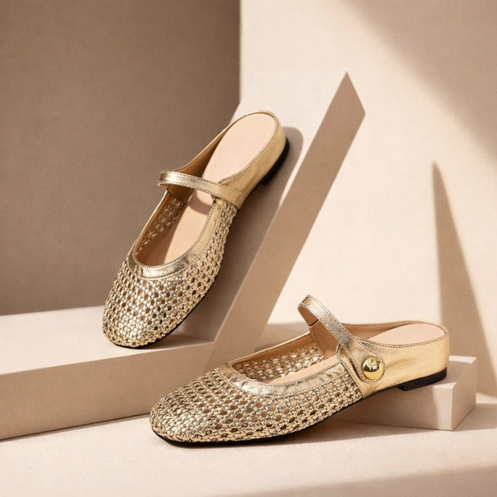 Ladies Mary Jane Mules Woven Metallic with Ankle Strap - Elena Harper