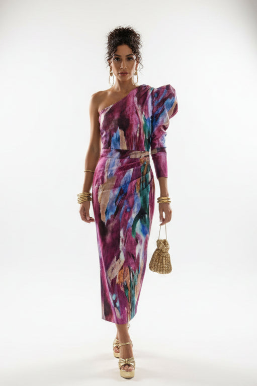 Women's Elegant One Shoulder Puff Sleeve Midi Dress