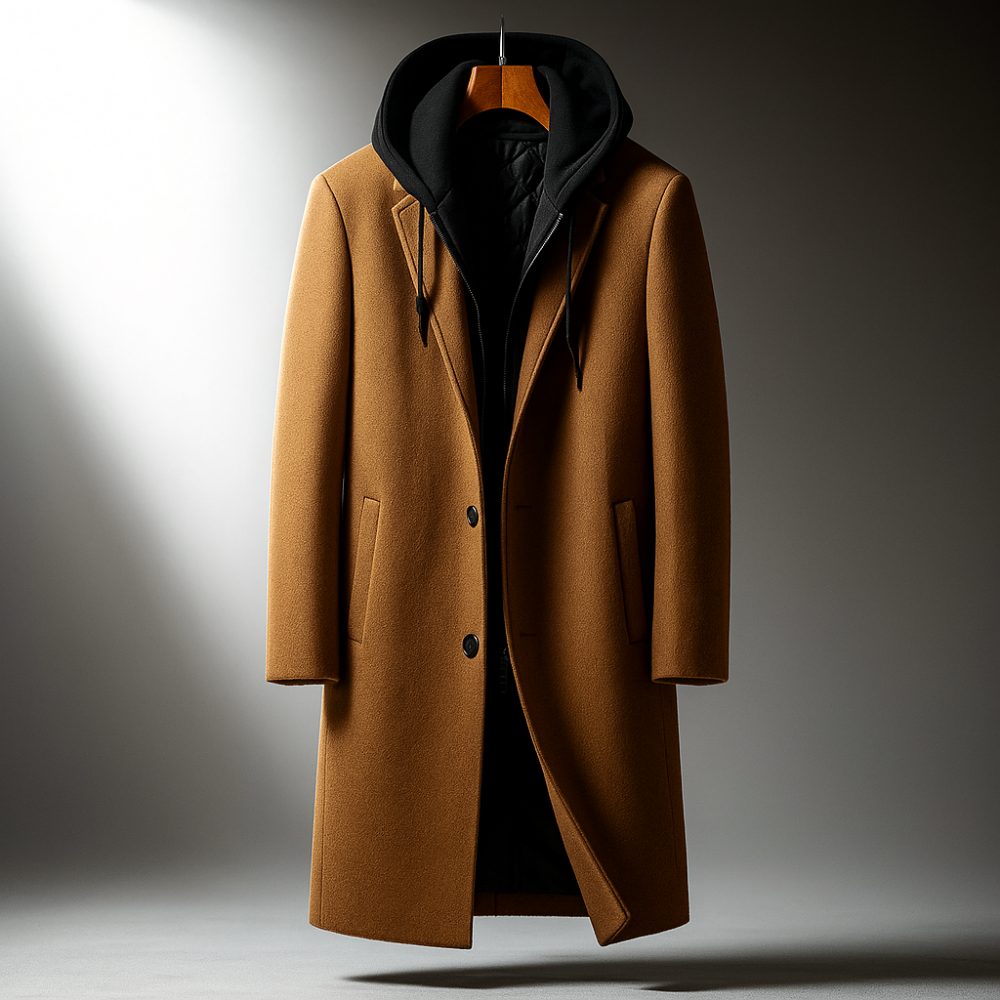 Men's Wool Blend Overcoat with Hood - Padded Winter Coat