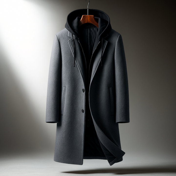 Men's Wool Blend Overcoat with Hood - Padded Winter Coat