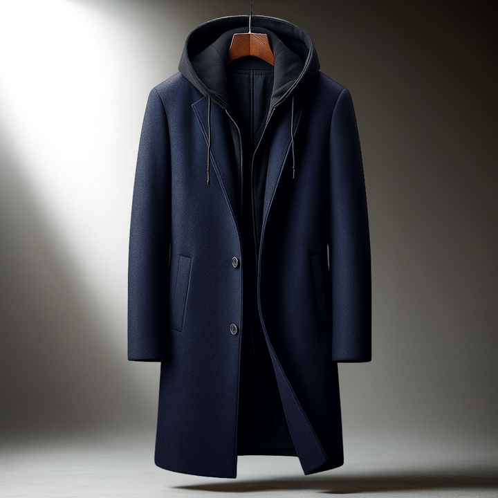 Men's Wool Blend Overcoat with Hood - Padded Winter Coat