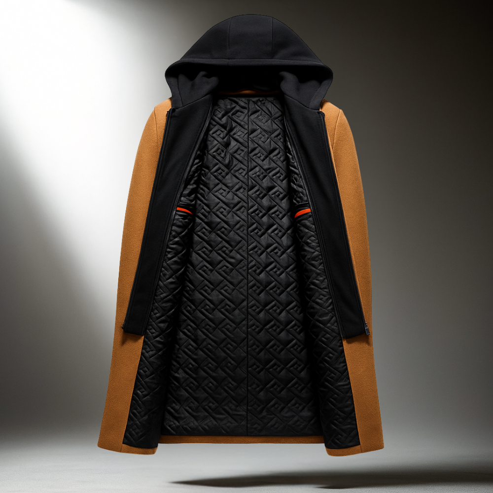 Men's Wool Blend Overcoat with Hood - Padded Winter Coat