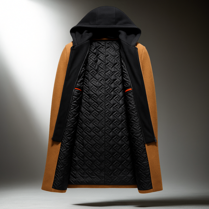 Men's Wool Blend Overcoat with Hood - Padded Winter Coat