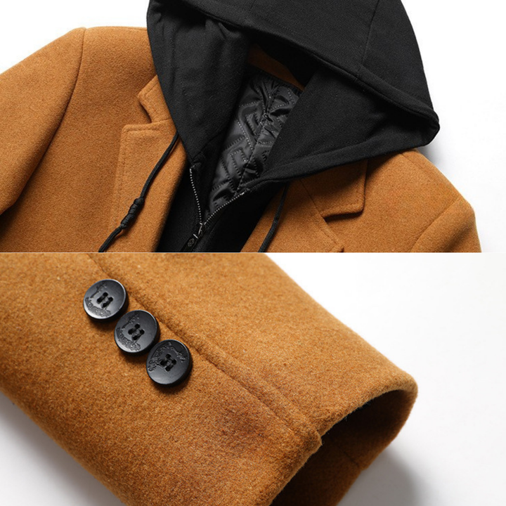 Men's Wool Blend Overcoat with Hood - Padded Winter Coat