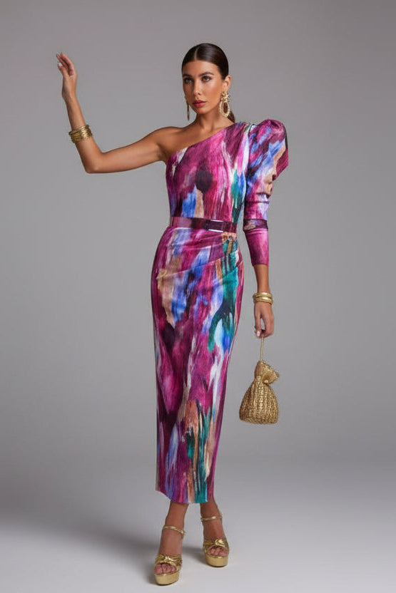 Women's Elegant One Shoulder Puff Sleeve Midi Dress