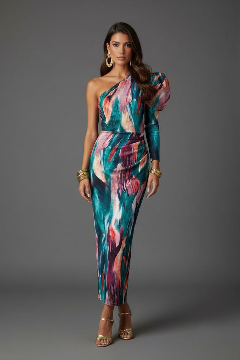 Women's Elegant One Shoulder Puff Sleeve Midi Dress