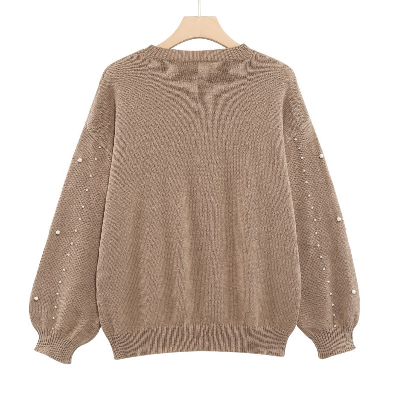 Women's Sweater with Pearls and Puff Sleeves