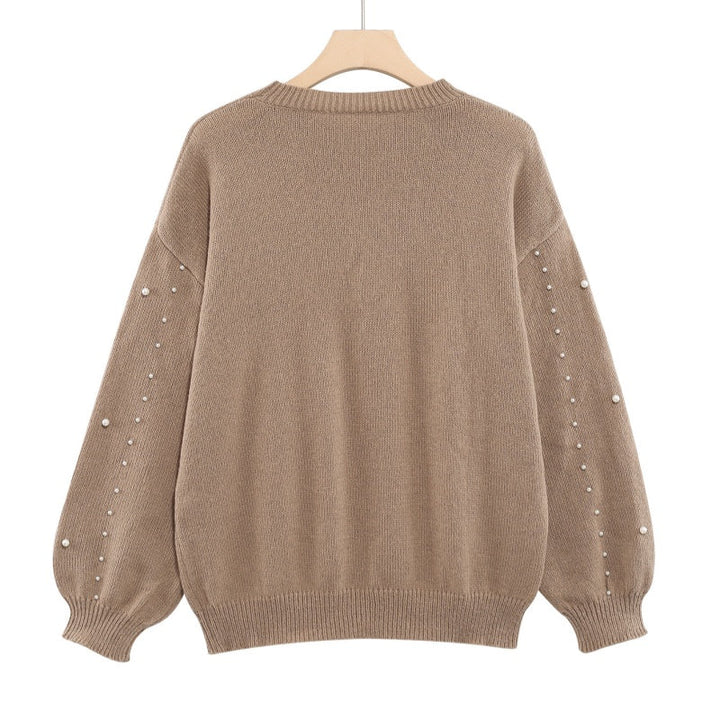 Women's Sweater with Pearls and Puff Sleeves