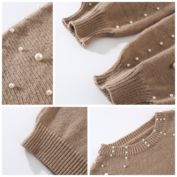 Women's Sweater with Pearls and Puff Sleeves
