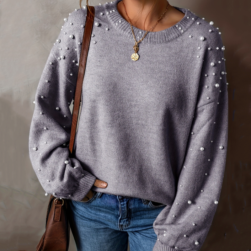 Women's Sweater with Pearls and Puff Sleeves