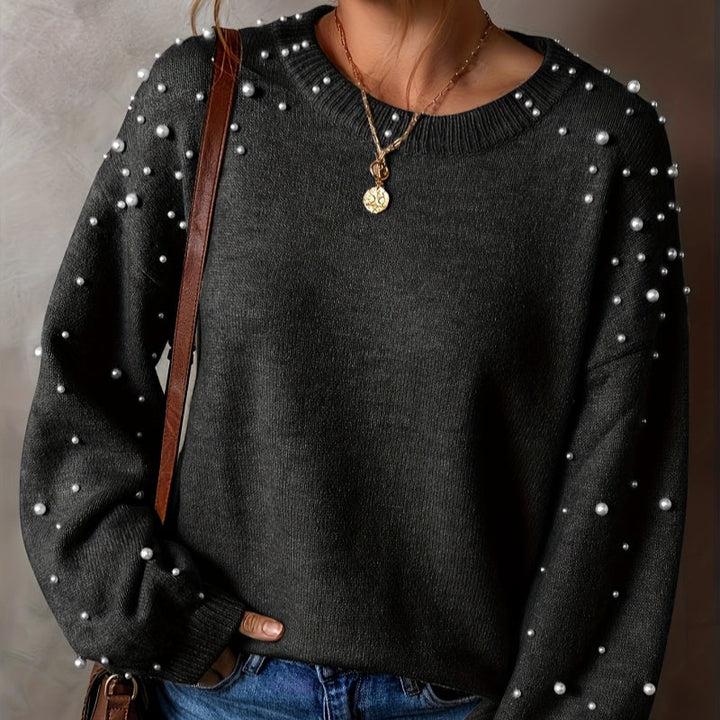 Women's Sweater with Pearls and Puff Sleeves