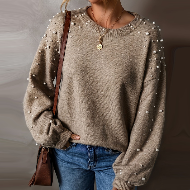 Women's Sweater with Pearls and Puff Sleeves