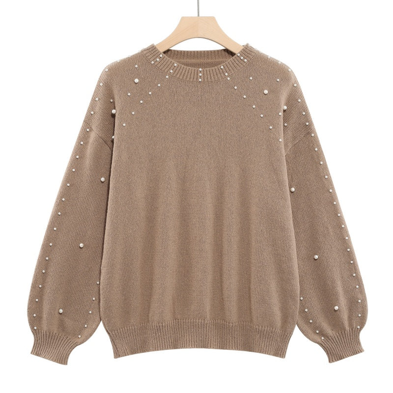 Women's Sweater with Pearls and Puff Sleeves