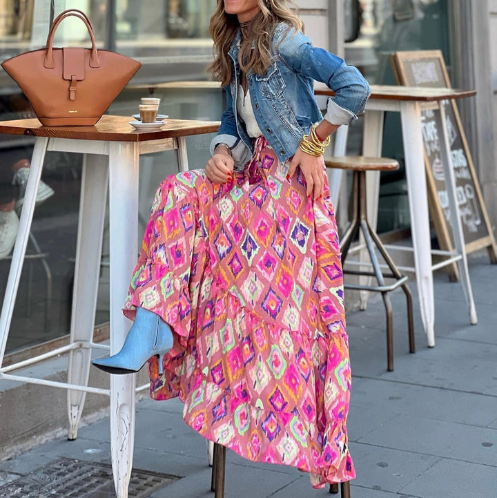 Long women's skirt with multicolour paisley print and bohemian cut - Clémence