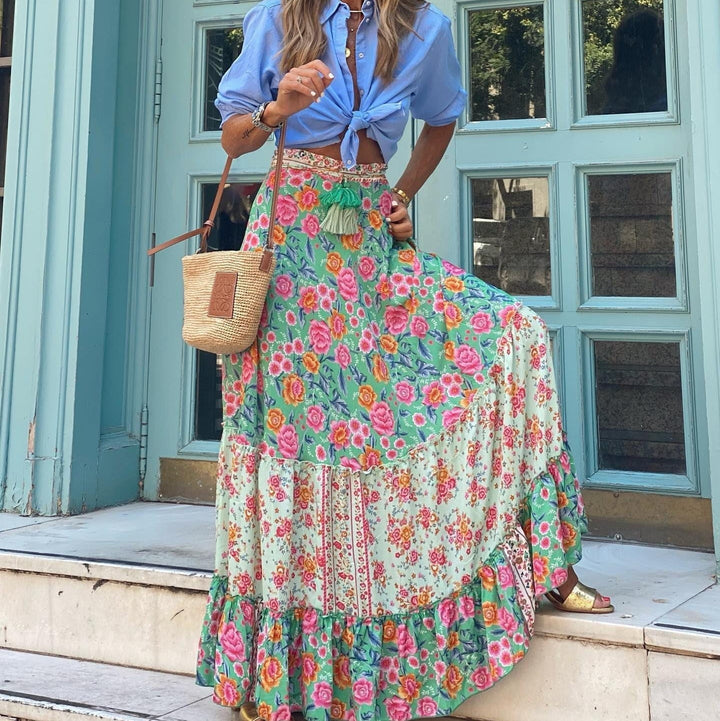 Long women's skirt with multicolour paisley print and bohemian cut - Clémence