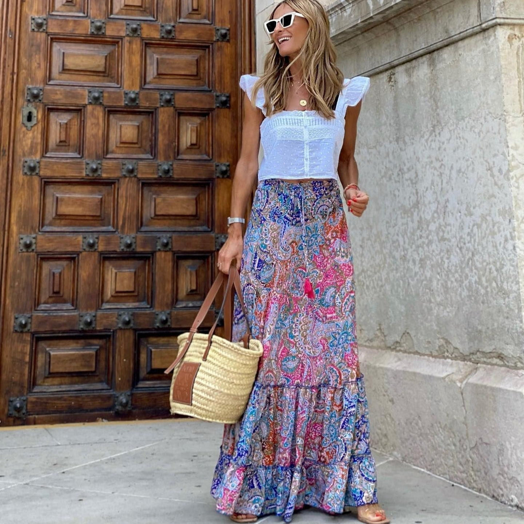 Long women's skirt with multicolour paisley print and bohemian cut - Clémence