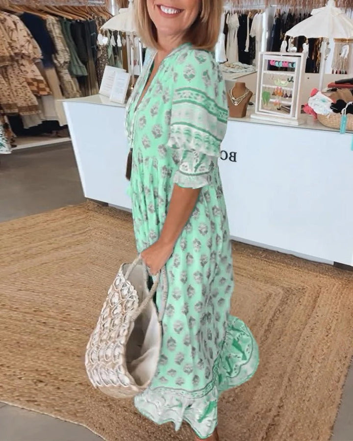 Elizabeth | Women's Boho Printed Tassel Tie Midi Dress