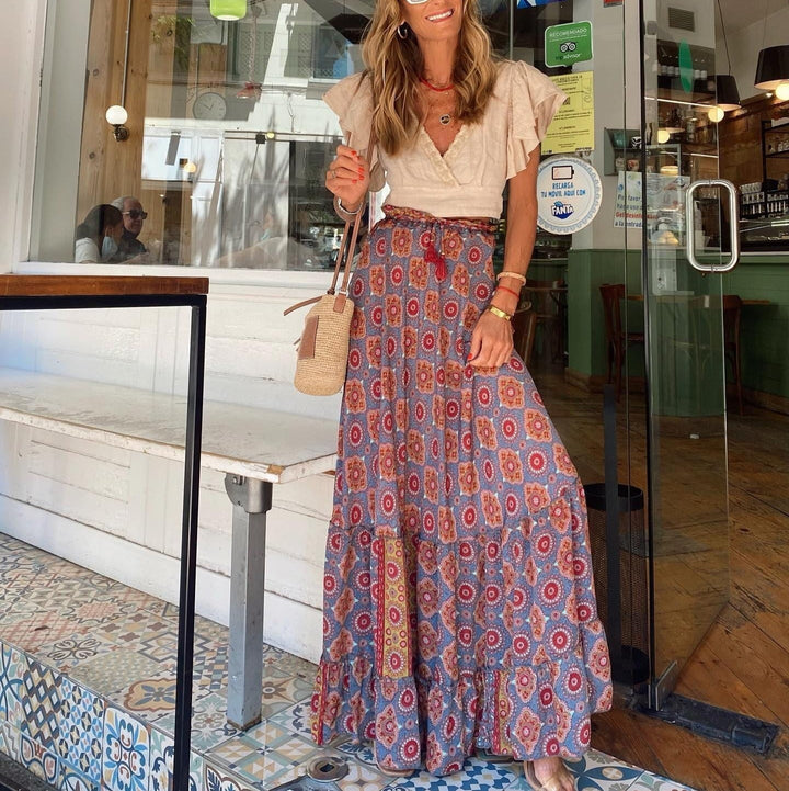 Long women's skirt with multicolour paisley print and bohemian cut - Clémence