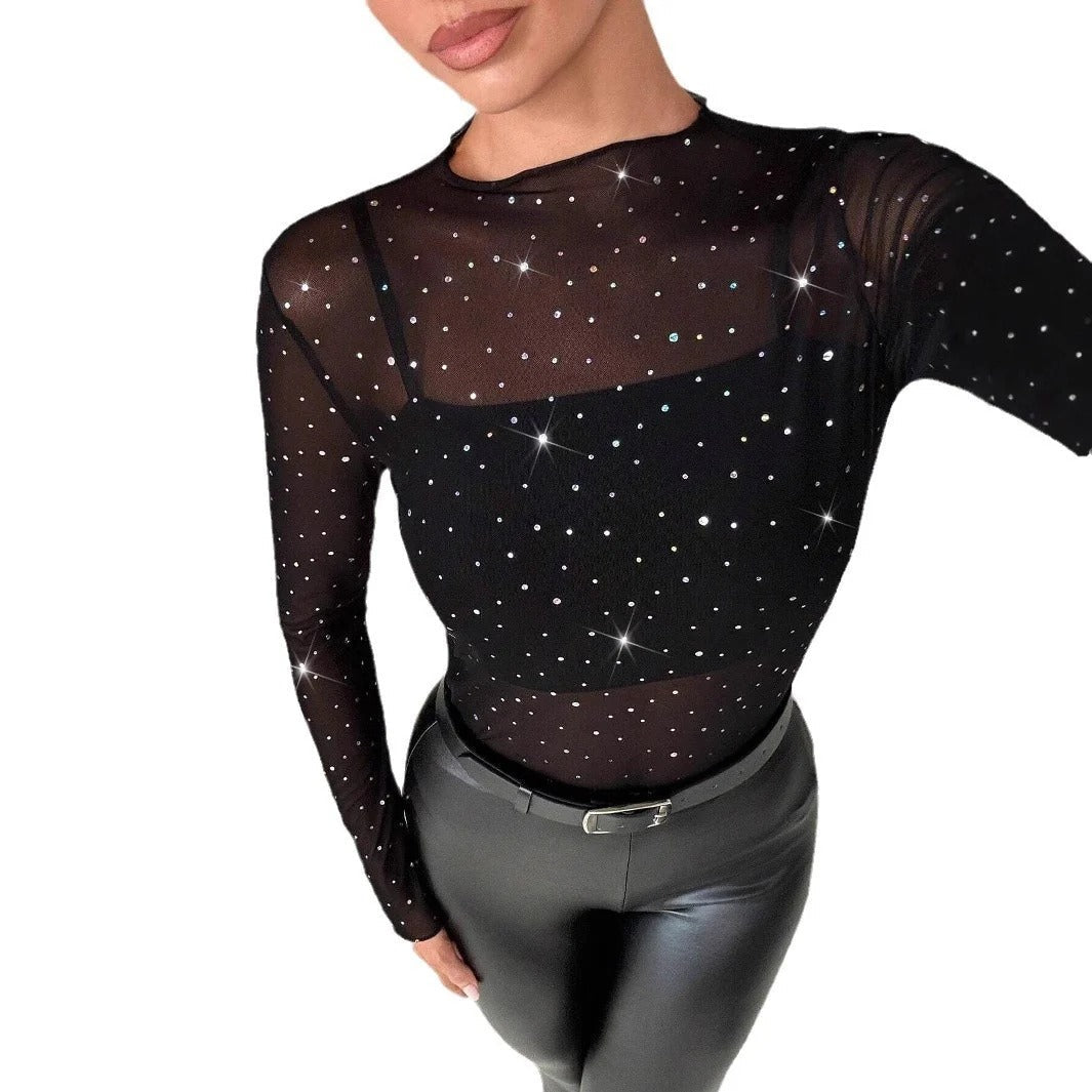 Sheer Mesh Top with Rhinestones for Women