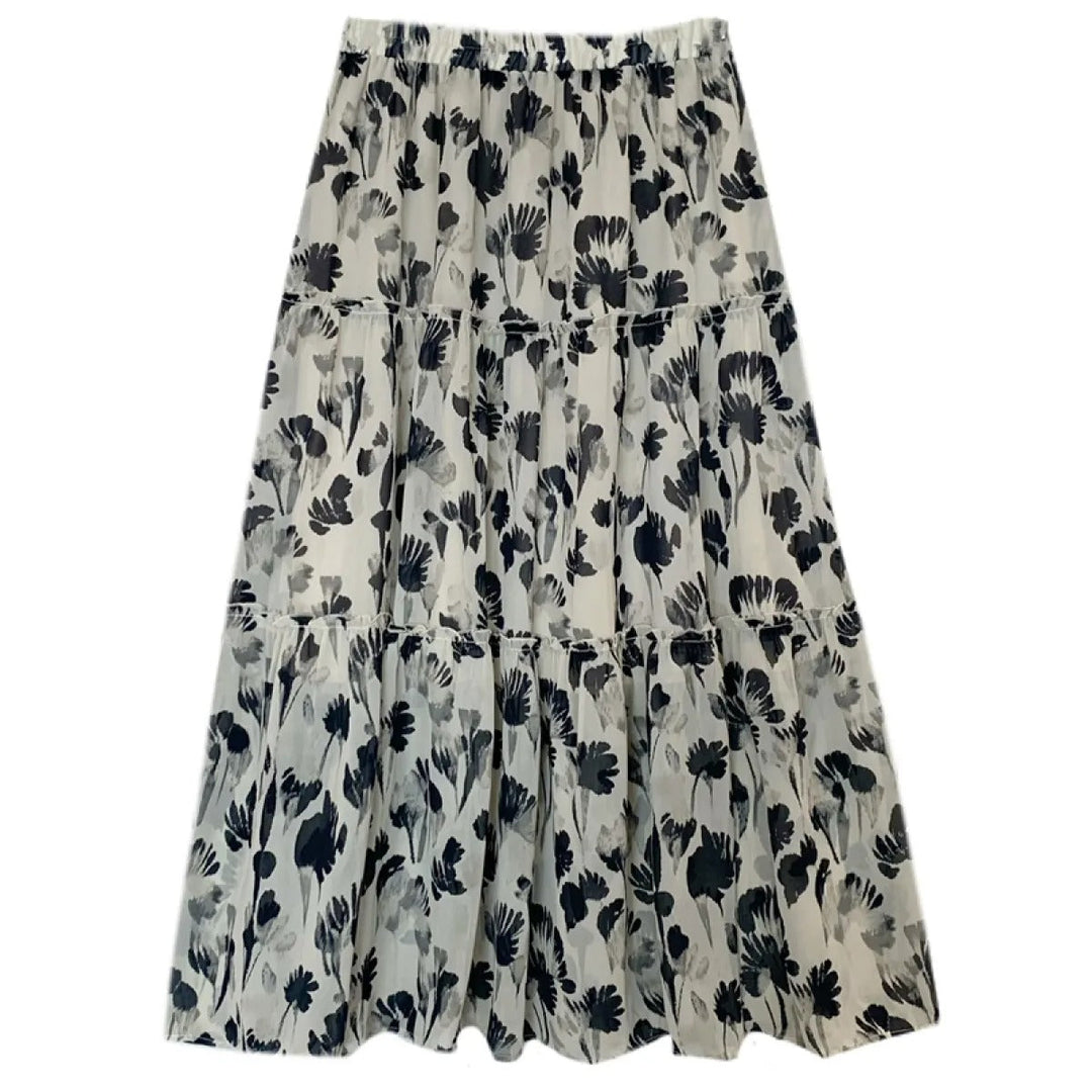 Long women's skirt with monochromatic floral print and fluid cut - Mireille