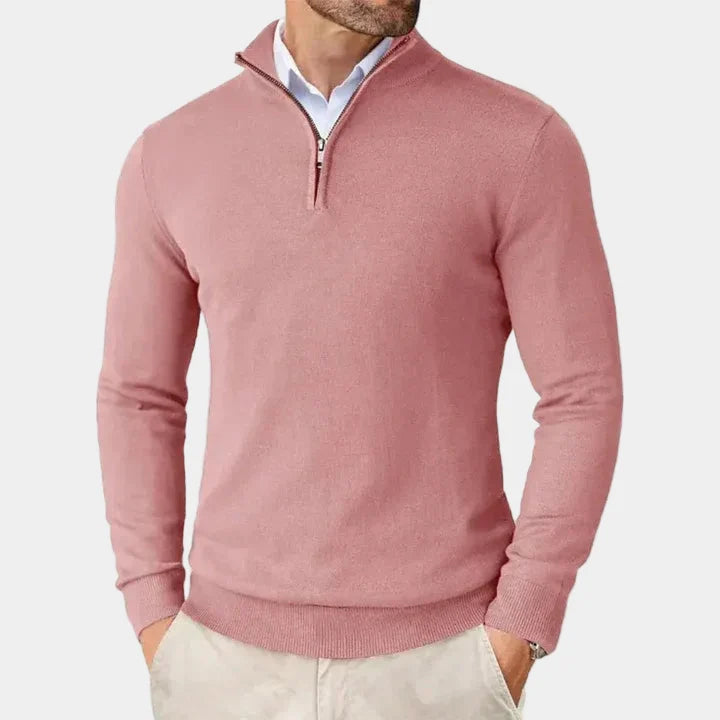 Men's Knitted Sweater with Zipper and Stand-Up Collar