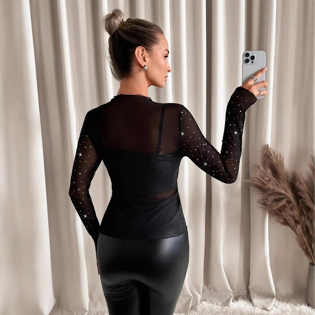 Sheer Mesh Top with Rhinestones for Women