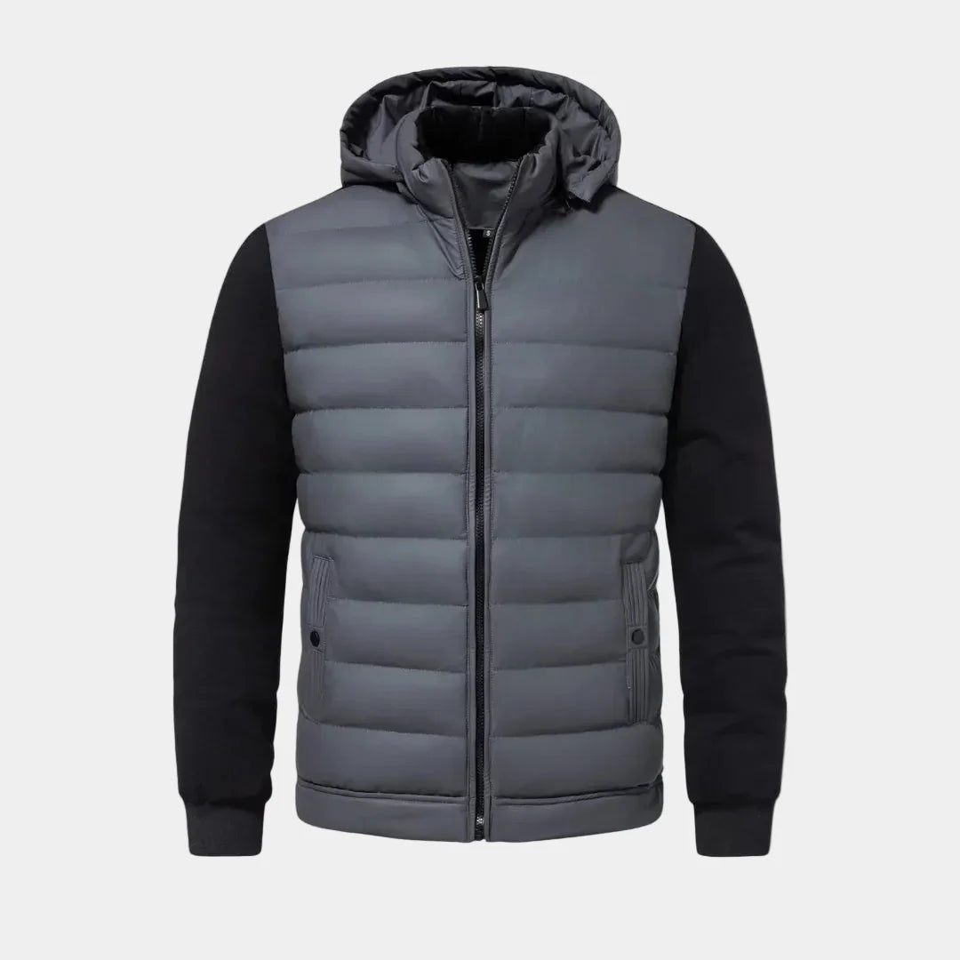 Padded Hybrid Winter Jacket with Knitted Sleeves and Hood for Men