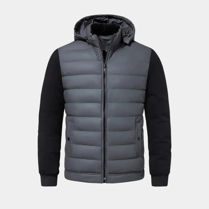 Padded Hybrid Winter Jacket with Knitted Sleeves and Hood for Men