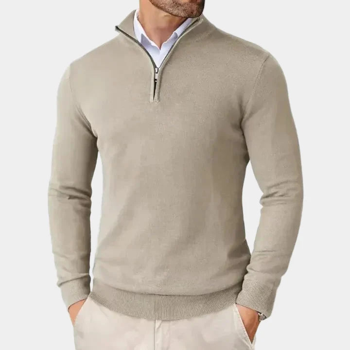Men's Knitted Sweater with Zipper and Stand-Up Collar