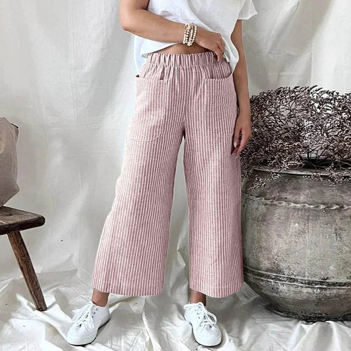 Striped Linen Trousers with Pockets for Women