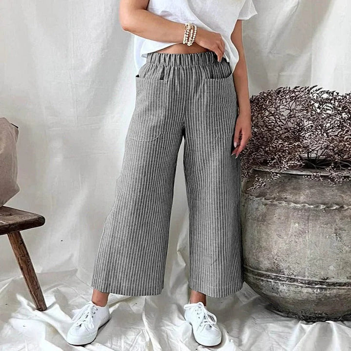 Striped Linen Trousers with Pockets for Women