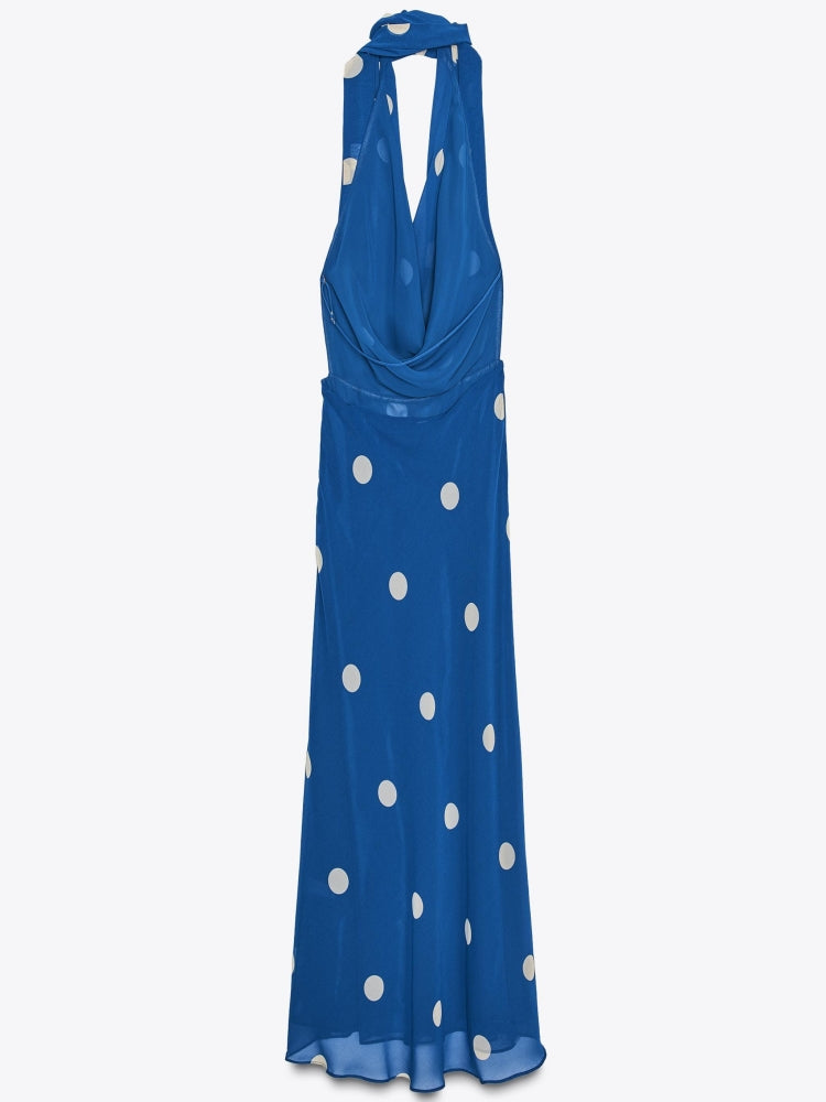 Polka Dot Draped Halter Midi Dress