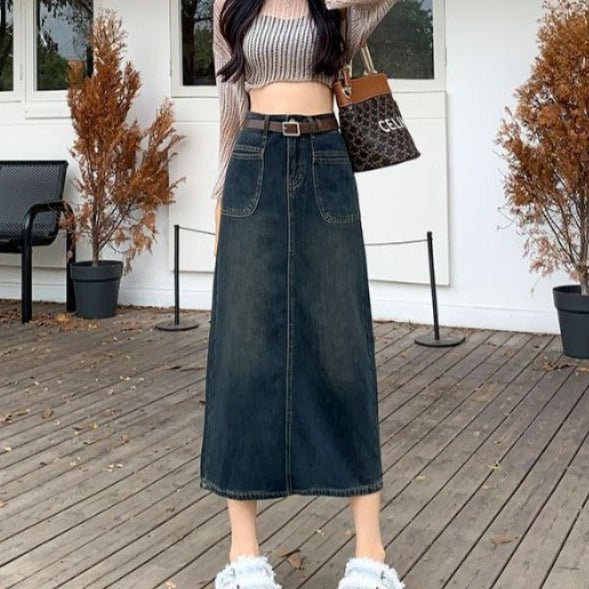 Long women's straight-cut skirt with belt - Bianca