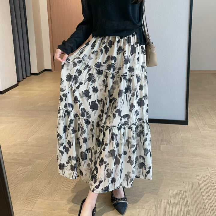 Long women's skirt with monochromatic floral print and fluid cut - Mireille