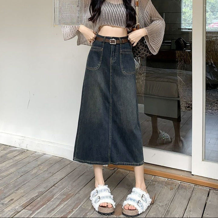 Long women's straight-cut skirt with belt - Bianca