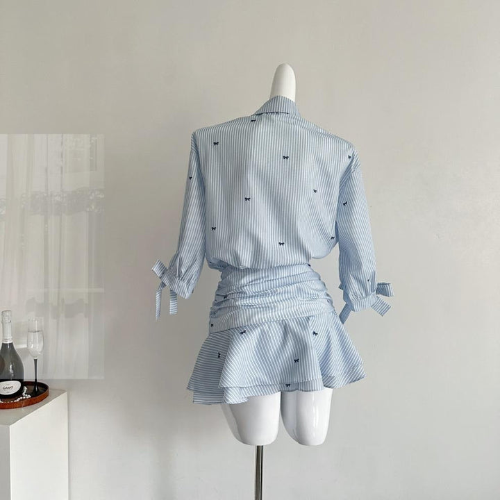 Women's Striped Dress with Button Blouse and Pleated Miniskirt - Norys
