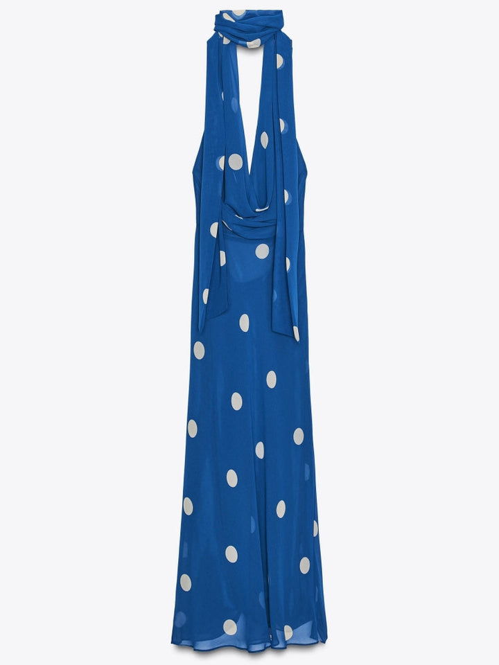 Polka Dot Draped Halter Midi Dress