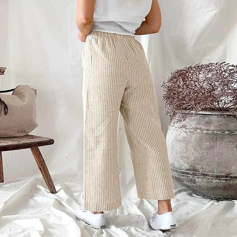 Striped Linen Trousers with Pockets for Women