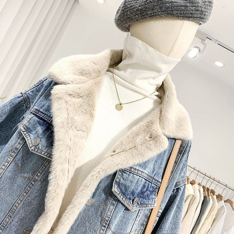Women's Oversized Denim Jacket with Fleece Lining - Maelis