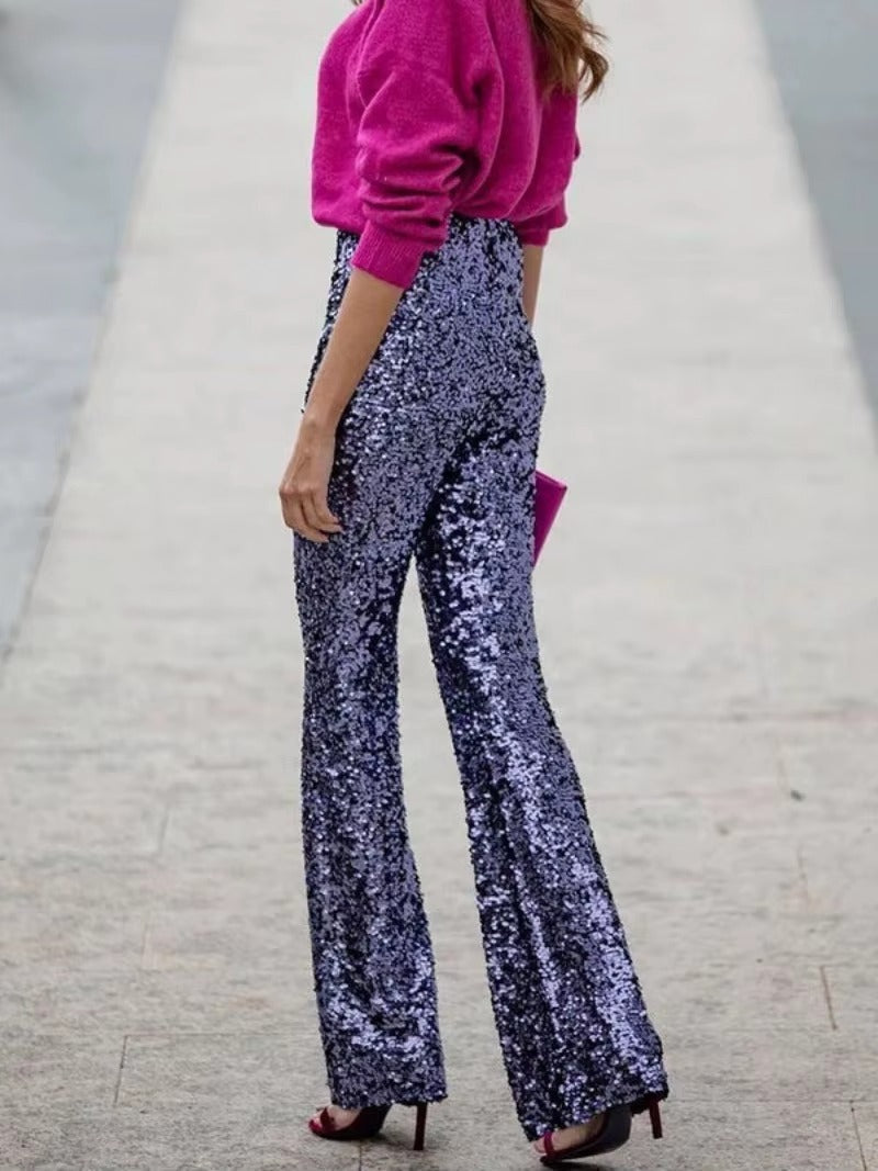 Glitter Pants with Sequins and Flared Legs for Women