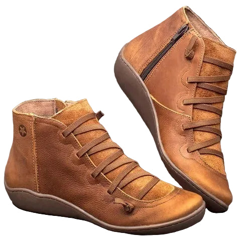 Women's Flat Ankle Boots with Laces and Side Zipper - Faux Leather
