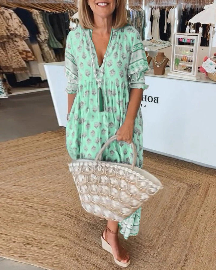 Elizabeth | Women's Boho Printed Tassel Tie Midi Dress