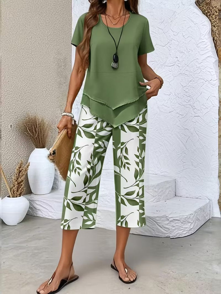 Summer Casual Leaf Print Two Piece Set - Elena Harper