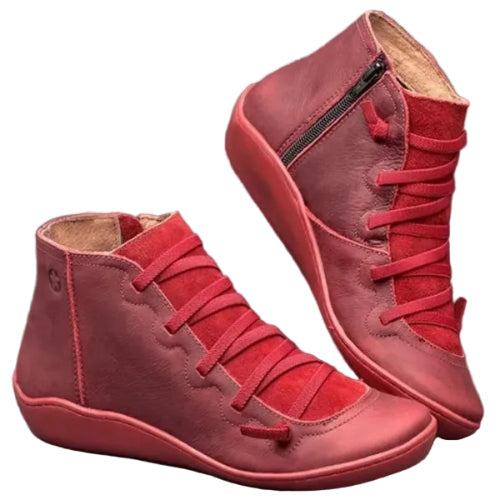 Women's Flat Ankle Boots with Laces and Side Zipper - Faux Leather