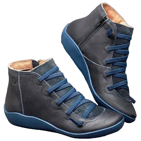 Women's Flat Ankle Boots with Laces and Side Zipper - Faux Leather