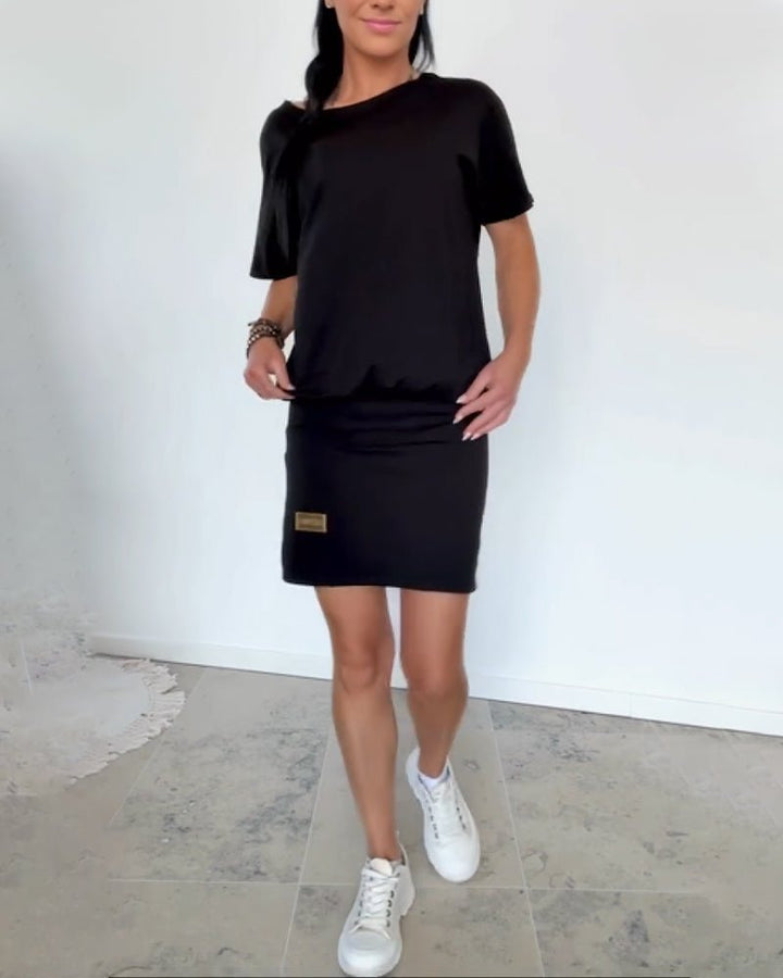 Short Women's Stretch Dress in Casual Chic Style, view 9 - Elena Harper